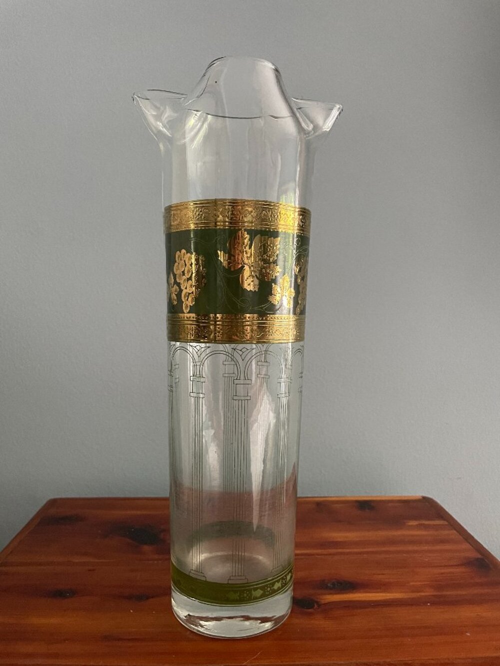 Vintage Cera Glass Martini Pitcher Green 22K Gold Grapes Leaves MCM Barware